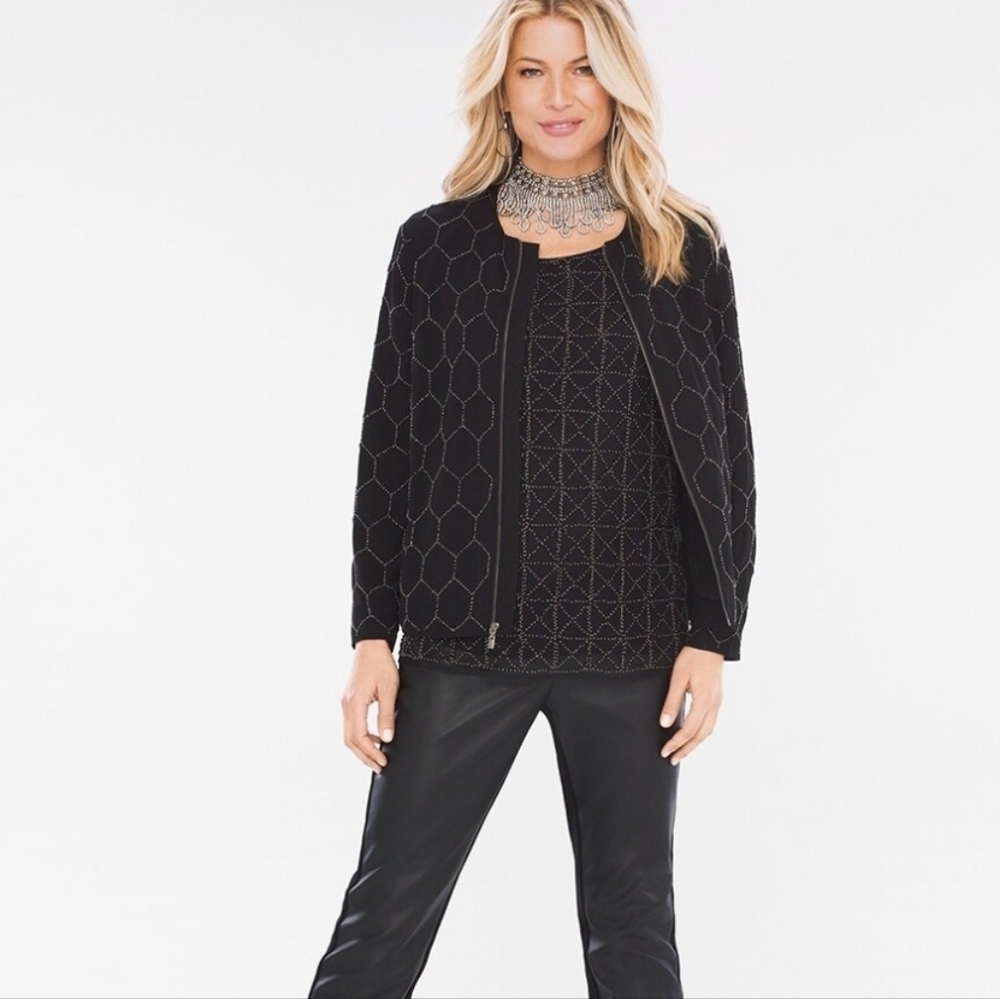 Chico's Beaded Full Zip Bomber Jacket Cardigan Size 1 Medium - Picture 3 of 12